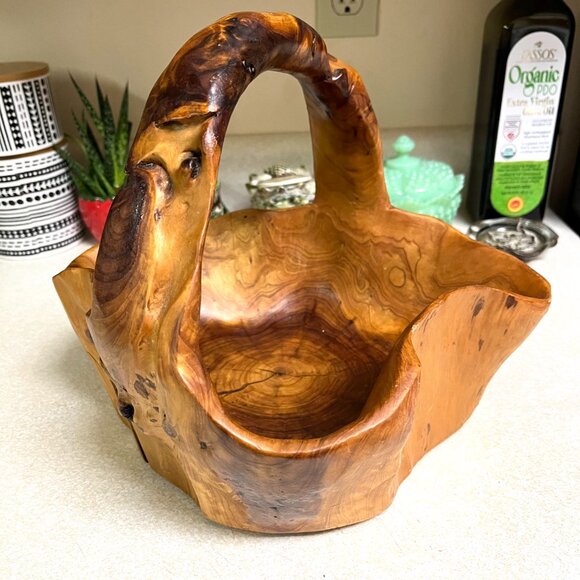 Vintage Hand Carved Wood Basket Tree Bowl Brown with Handle Handmade Rustic Farm - Picture 6 of 12